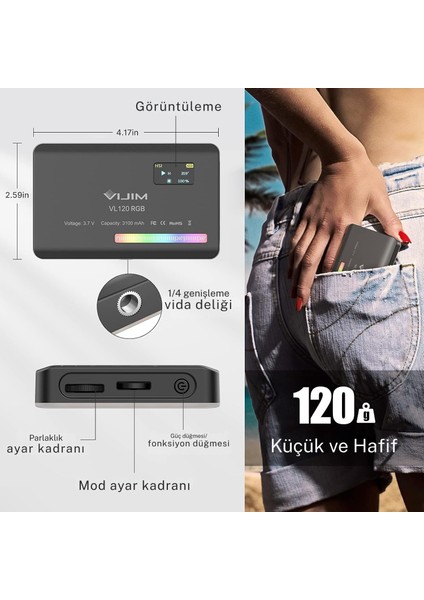 Video Fotoğraf Dolgu Işığı RGB-CL120 LED 9000K LCD Ekran 20 Efekt Dslr Vlog Canlı Yayın fiyatları