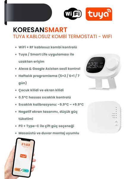 Tuya Kablosuz Kombi Termostatı Wifi - RF bağlantılı