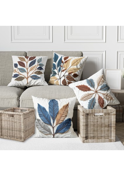 4 Lü Kombin Punch Nakış Desen Krem Zemin Yaprak Temalı Dijital Baskılı Kırlent Kılıfı