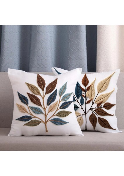 4 Lü Kombin Punch Nakış Desen Krem Zemin Yaprak Temalı Dijital Baskılı Kırlent Kılıfı modelleri