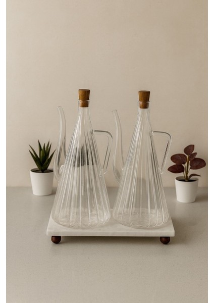 Mermer Stantlı 2'li Glazzy Çizgili Tasarım Yağlık & Sosluk 500 ml