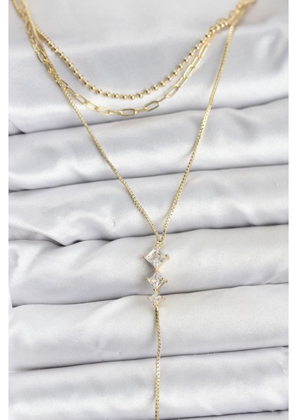 Zarif Boyunlar Için Golden Pirinç Zirkonlu Üçlü Kombin Kadın Kolye fiyatları