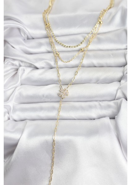 Zarif Boyunlar Için Golden Pirinç Zirkonlu Çiçek Üçlü Kombin Y Kadın Kolye