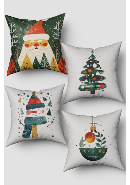 Noel Temalı Yeşil Çam Ağacı ve Kardan Adam Yılbaşı 4'lü Kırlent Kılıfı Seti
