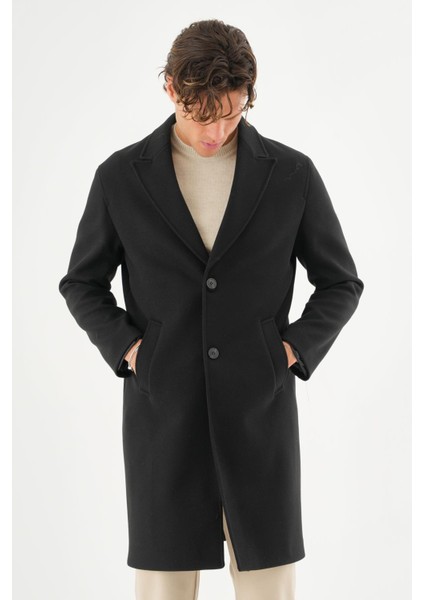 Erkek Regular Fit Düğmeli Cepli Kışlık Astarlı Klasik Uzun Kaşe Kaban