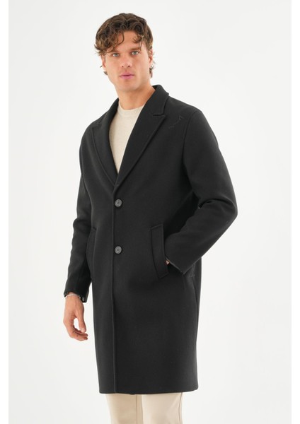 Erkek Regular Fit Düğmeli Cepli Kışlık Astarlı Klasik Uzun Kaşe Kaban