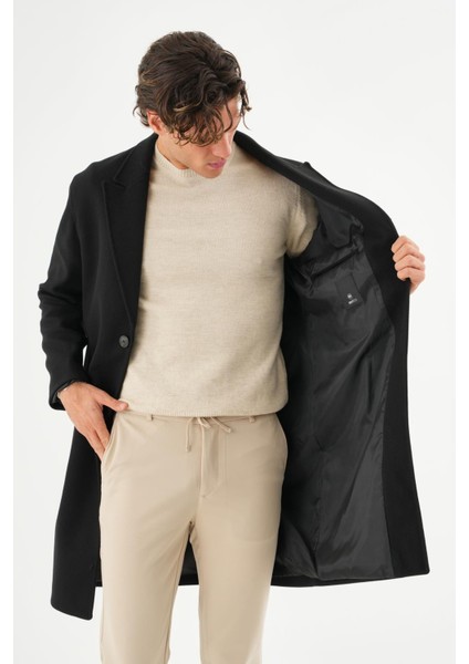 Erkek Regular Fit Düğmeli Cepli Kışlık Astarlı Klasik Uzun Kaşe Kaban