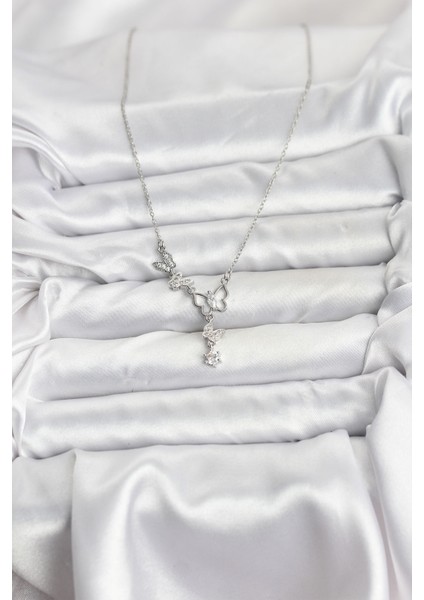 Zarif Boyunlar Için Silver Çelik Zincir Kelebek Kadın Kolye