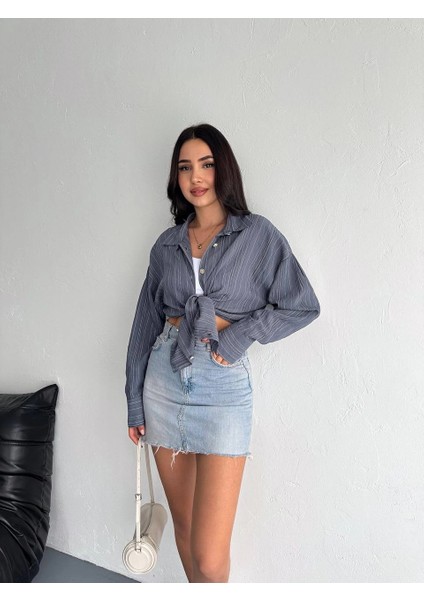 Çizgili Oversize Gömlek Gri modelleri