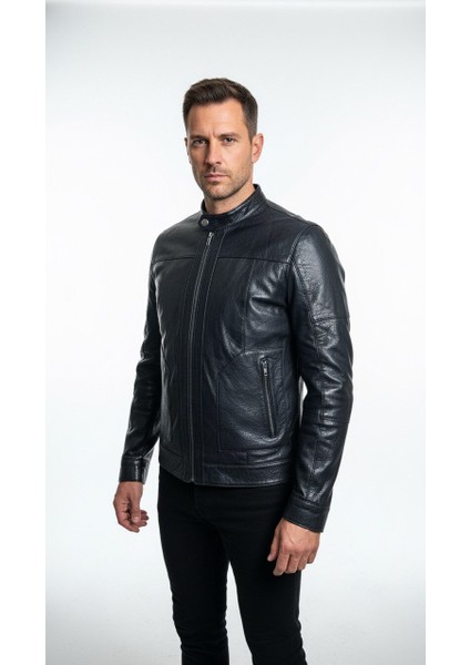 Hakiki Deri Jumbo Erkek Ceket – Siyah, Dik Yaka, Fermuarlı Model