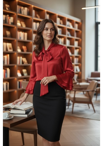 Büyük Beden Kadın Saten Bluz- Fiyonk Detaylı