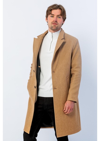 Erkek Regular Fit Düğmeli Cepli Kışlık Astarlı Klasik Uzun Kaşe Kaban