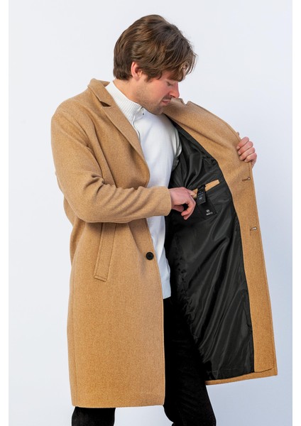 Erkek Regular Fit Düğmeli Cepli Kışlık Astarlı Klasik Uzun Kaşe Kaban