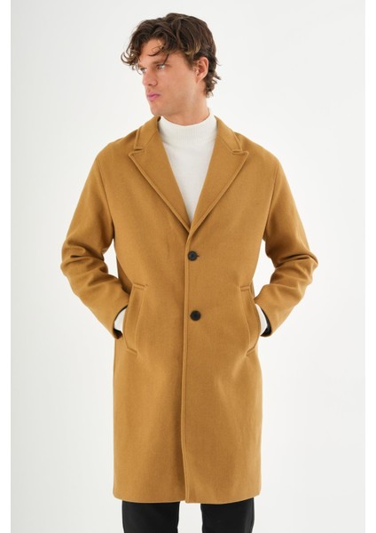 Erkek Regular Fit Düğmeli Cepli Kışlık Astarlı Klasik Uzun Kaşe Kaban