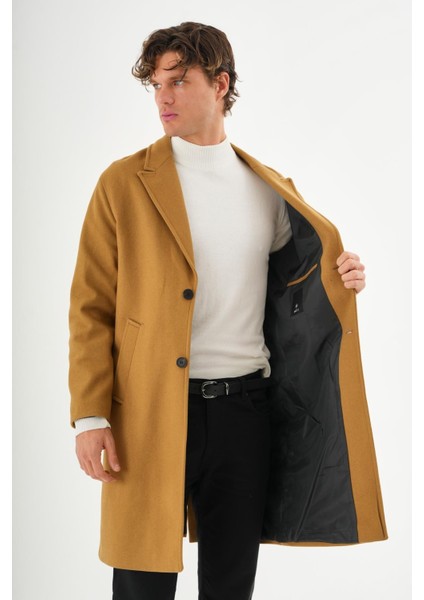 Erkek Regular Fit Düğmeli Cepli Kışlık Astarlı Klasik Uzun Kaşe Kaban