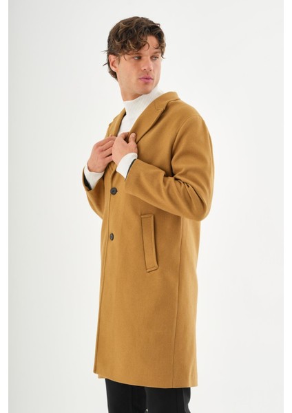 Erkek Regular Fit Düğmeli Cepli Kışlık Astarlı Klasik Uzun Kaşe Kaban