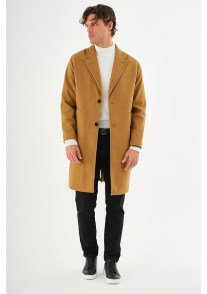 Erkek Regular Fit Düğmeli Cepli Kışlık Astarlı Klasik Uzun Kaşe Kaban