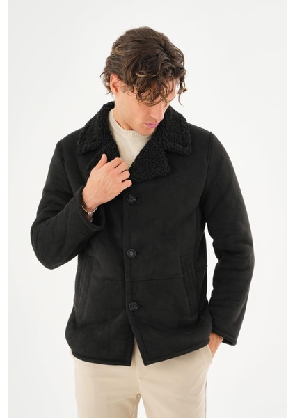 Erkek İçi Kürklü Regular Fit Süet Kışlık Mont