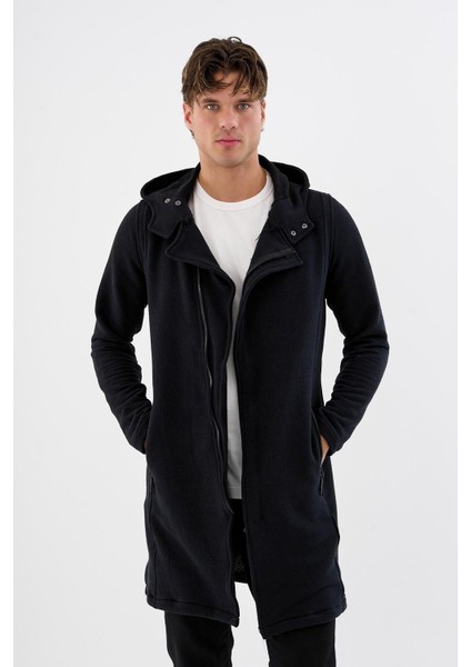 Kapüşonlu Fermuarlı Cepli Uzun Erkek Hırka