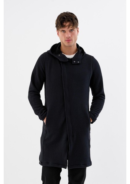 Kapüşonlu Fermuarlı Cepli Uzun Erkek Hırka