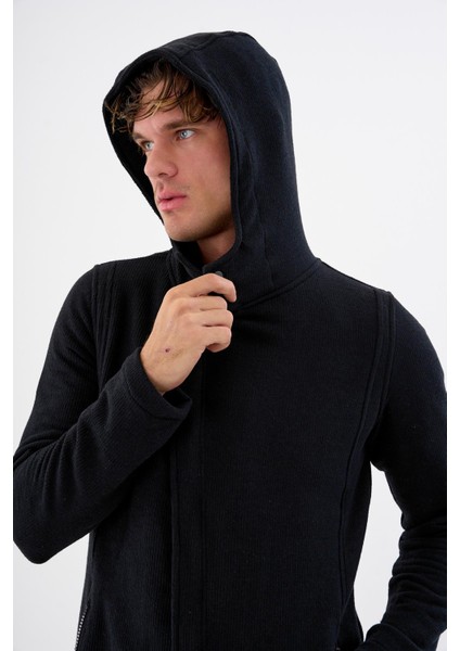 Kapüşonlu Fermuarlı Cepli Uzun Erkek Hırka