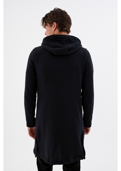 Kapüşonlu Fermuarlı Cepli Uzun Erkek Hırka