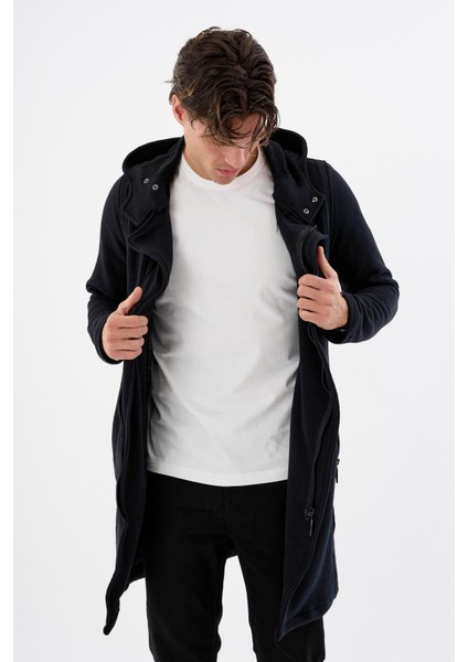 Kapüşonlu Fermuarlı Cepli Uzun Erkek Hırka