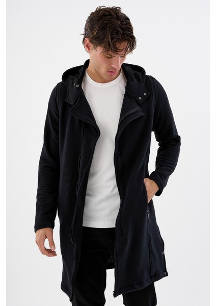 Kapüşonlu Fermuarlı Cepli Uzun Erkek Hırka