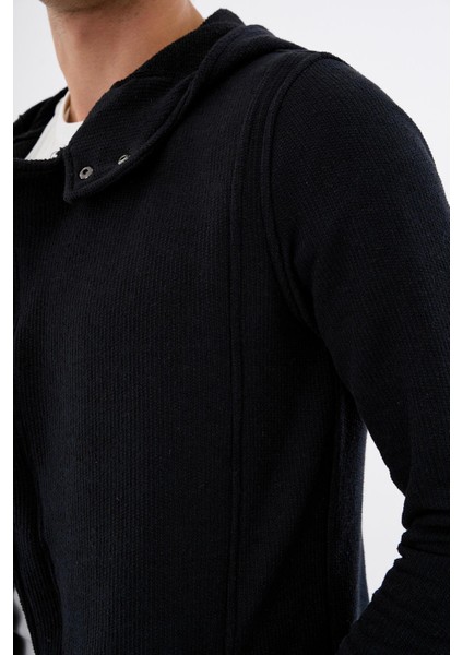 Kapüşonlu Fermuarlı Cepli Uzun Erkek Hırka