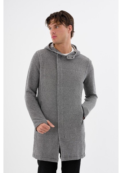 Kapüşonlu Fermuarlı Cepli Uzun Erkek Hırka
