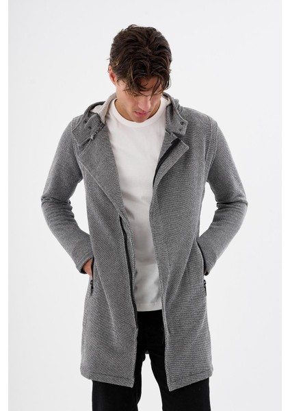 Kapüşonlu Fermuarlı Cepli Uzun Erkek Hırka