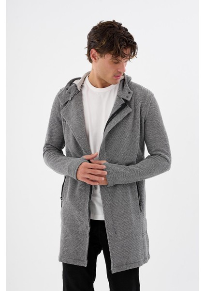 Kapüşonlu Fermuarlı Cepli Uzun Erkek Hırka