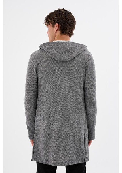 Kapüşonlu Fermuarlı Cepli Uzun Erkek Hırka
