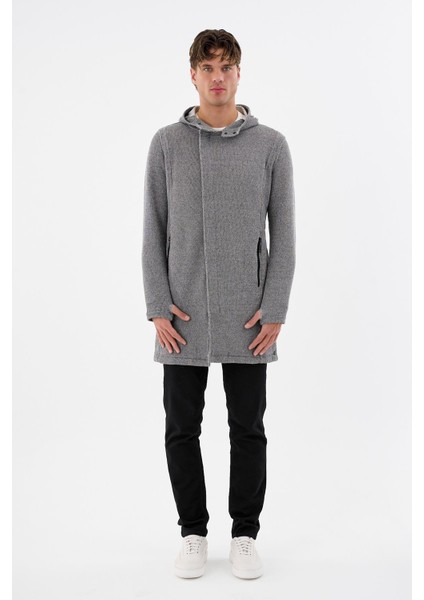 Kapüşonlu Fermuarlı Cepli Uzun Erkek Hırka