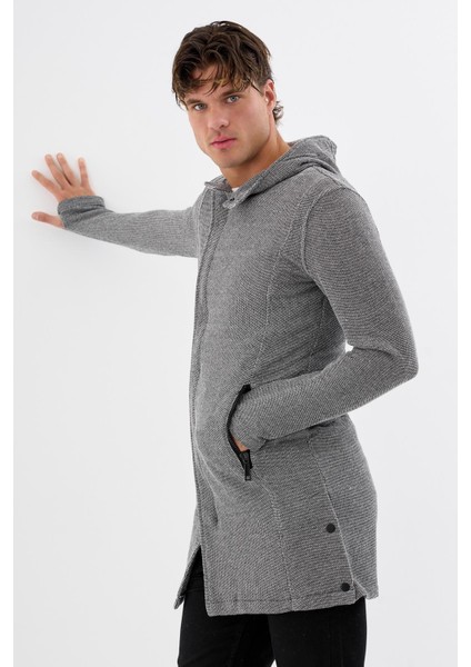 Kapüşonlu Fermuarlı Cepli Uzun Erkek Hırka