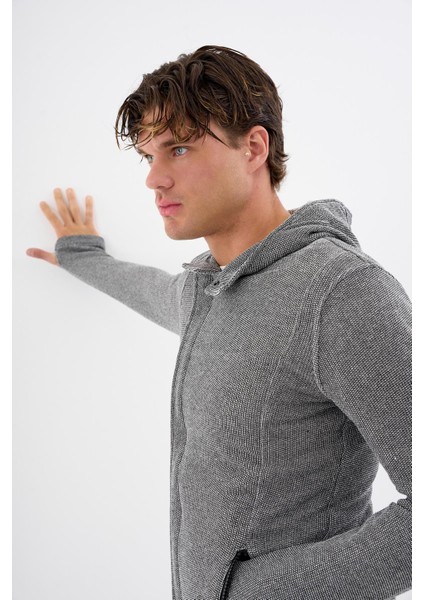 Kapüşonlu Fermuarlı Cepli Uzun Erkek Hırka