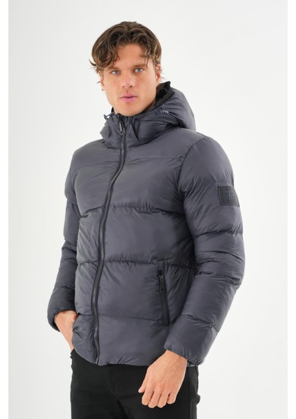 Erkek Kapüşonlu Fermuarlı Cepli Kışlık Şişme Kısa Mont