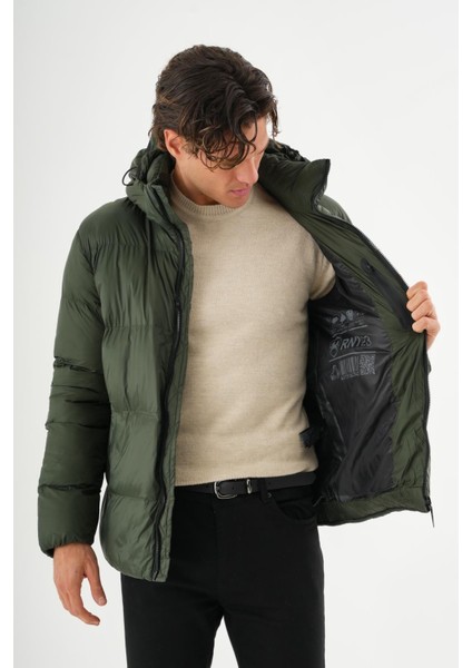 Erkek Kapüşonlu Fermuarlı Cepli Kışlık Şişme Kısa Mont