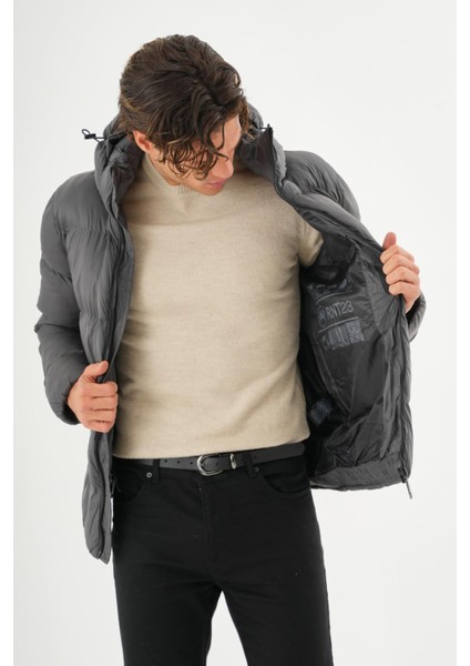 Erkek Kapüşonlu Fermuarlı Cepli Kışlık Şişme Kısa Mont