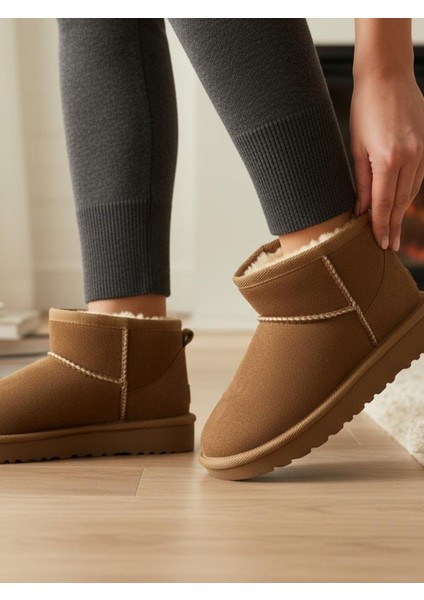 Kız Çocuk Taba Kalın Poli Taban Içi Kürklü Süet Görünümlü Mini Bot