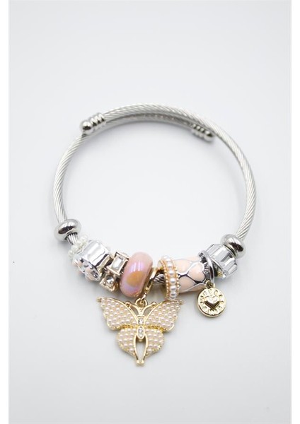 Çelik Charmlı Kelebek Bileklik - Pembe