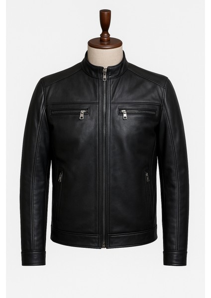 Hakiki Deri Siyah Erkek Motosiklet Tarzı Fermuarlı Ceket