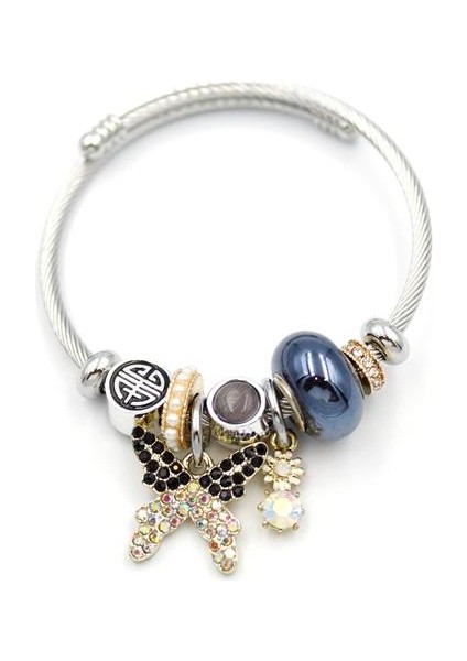 Çelik Charmlı Kelebek Bileklik - Siyah