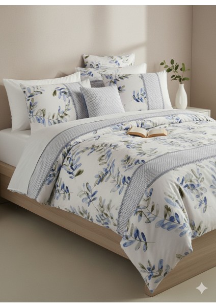 Akdeniz Esintisi Mavi Yeşil Yapraklı Lüks Nevresim Seti | %100 Pamuk