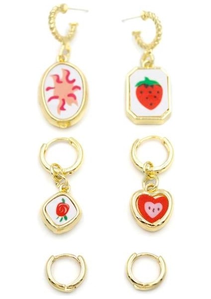 3'lü Çilek Set Küpe - Altın