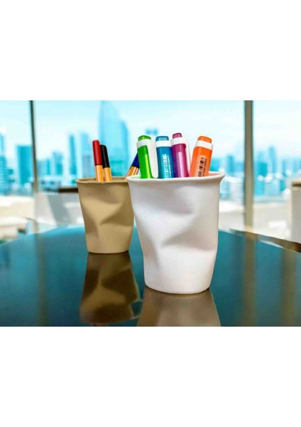 ​buruşuk Bardak Tasarımlı Kalemlik | Modern Masaüstü Organizer | Beyaz/bej Dekoratif Fırçalık | 3D Baskı fiyatları