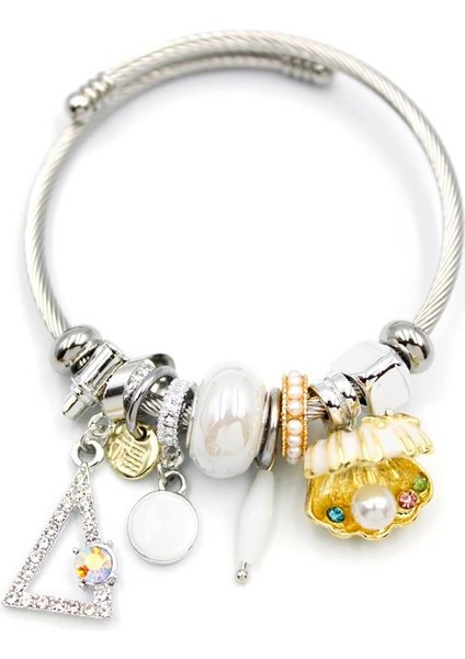 Çelik Charmlı Incili Deniz Kabuğu Bilezik - Beyaz