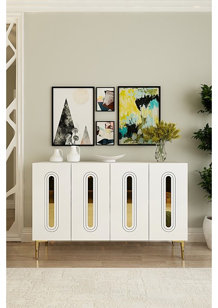 KA1520BG- Rany Konsol, Tv Sehpası, Çok Amaçlı Dolap 150CM Beyaz-Altın