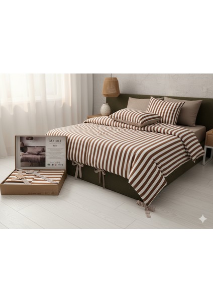 Majoli Lüks Tarçın Çizgili Nevresim Takımı | My Sleep Cinnamon Serisi %100 Pamuk