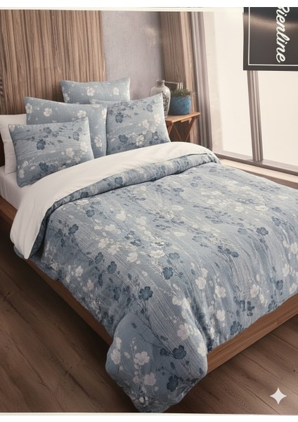 Indigo/dumanlı Mavi Vintage Çiçekli Çift Kişilik Nevresim Takımı %100 Pamuk Nevresim